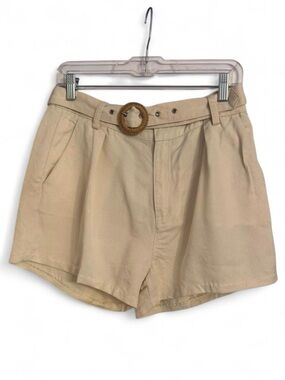 PAIGE Cream High-Waisted Pleated Shorts with Woven Belt
